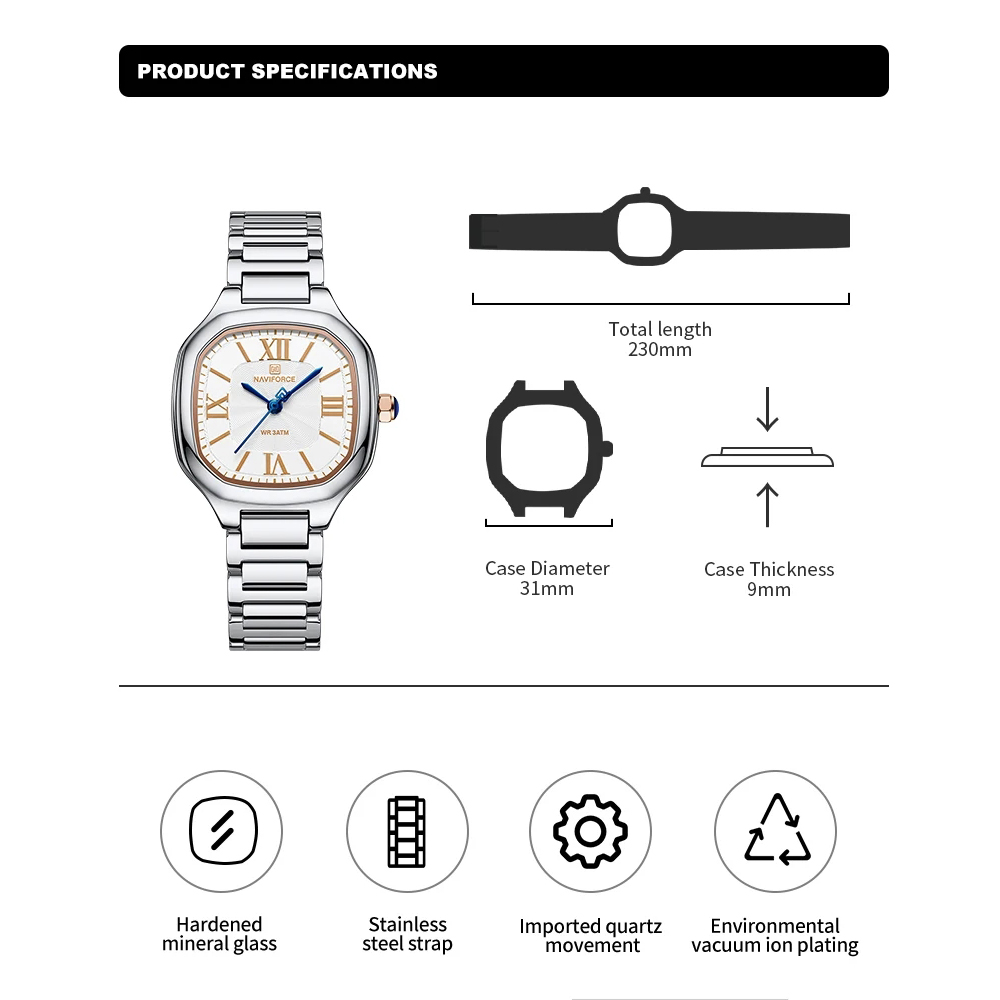 ساعة NAVIFORCE الفاخرة للنساء  - مراجعة Luxury Watch Square وسعره